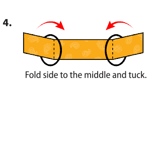 Insert the folded bandana, with the filter inside, through the center of two rubber bands or hair ties. Place rubber bands or hair ties about 6 inches apart.