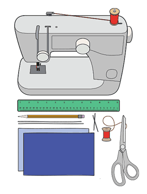 Supplies needed to create a cloth face covering are displayed. The supplies pictured include: one sewing machine, one twelve-inch ruler, one pencil, two six inch pieces of elastic string, two rectangle pieces of cotton cloth, 1 sewing needle, 1 bobby pin, 1 spool of thread, and 1 pair of scissors.