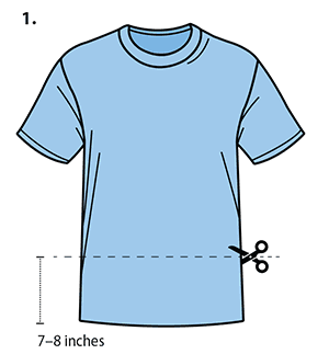 A front view of a T-shirt is shown. A straight, horizontal line is cut across the entire width of the T-shirt, parallel to the T-shirt’s waistline. Using a pair of scissors, the cut is made approximately seven to eight inches above the waistline. Both the front and back layer of the T-shirt are cut simultaneously.